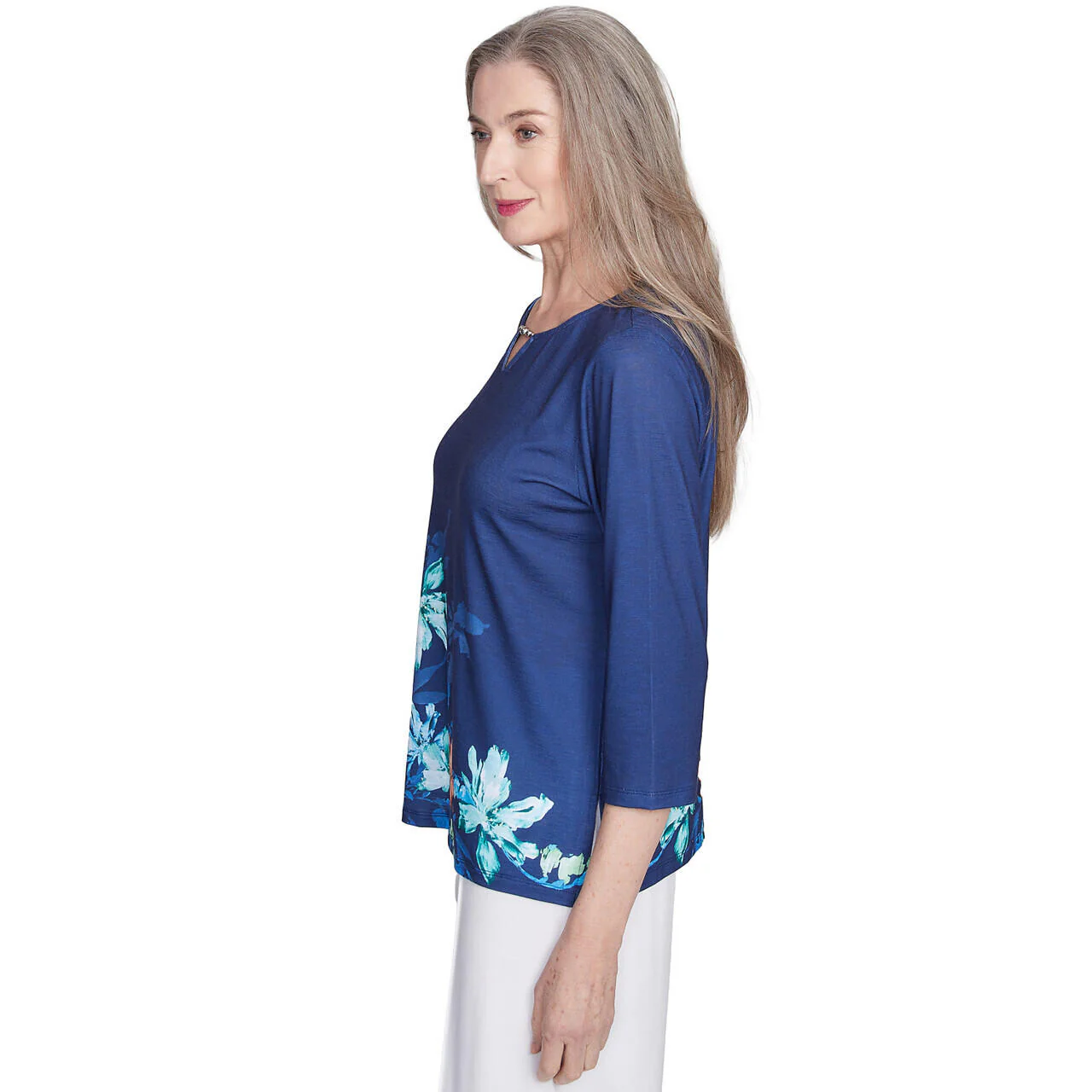Women's Asymmetric Floral Beaded Split Neck Top - 89458 - Image 5