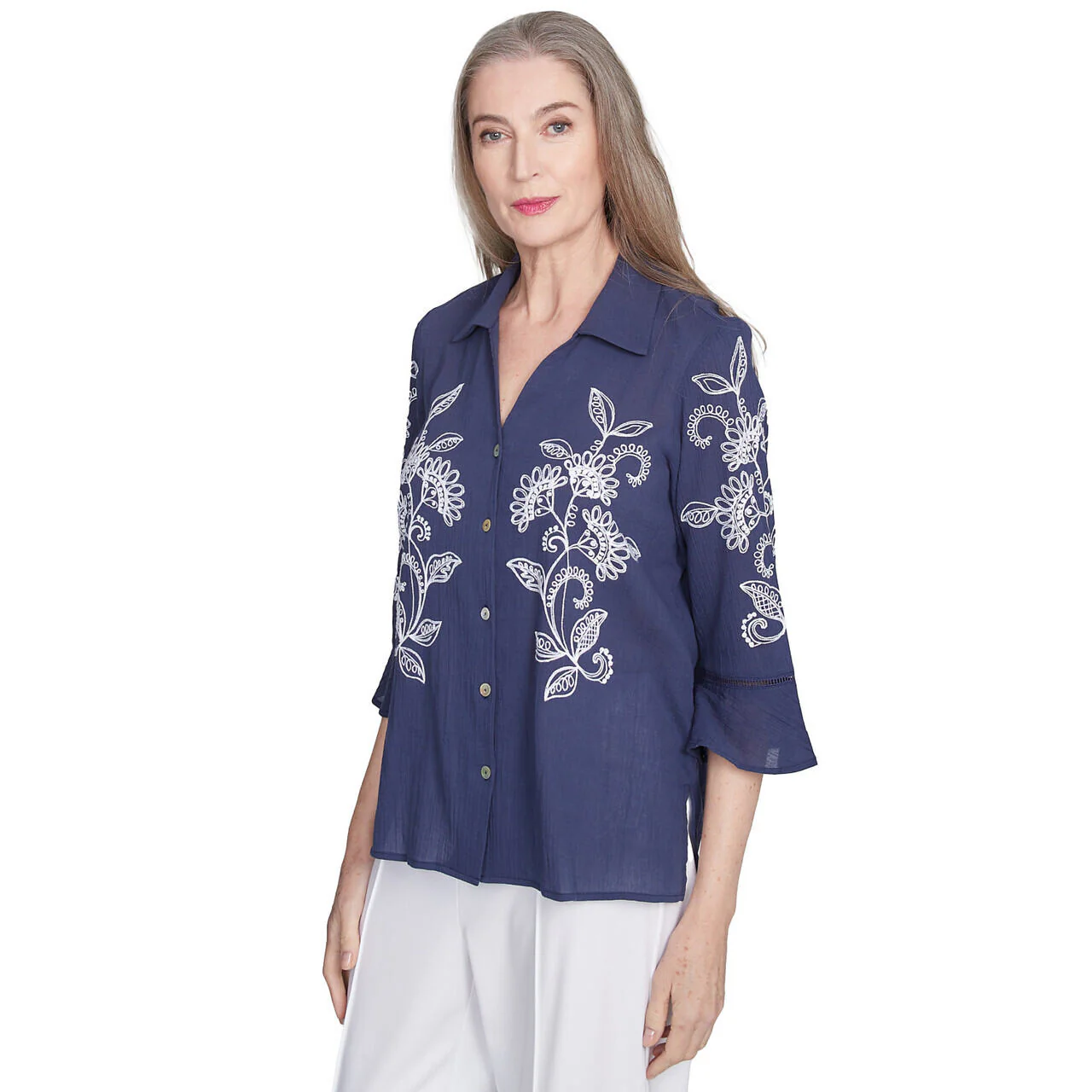 Women's Embroidered Marine Button Front Top - 89441 - Image 3