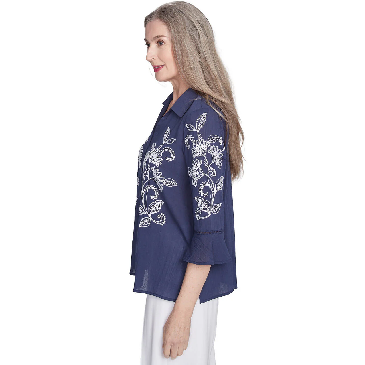 Women's Embroidered Marine Button Front Top - 89441 - Image 4