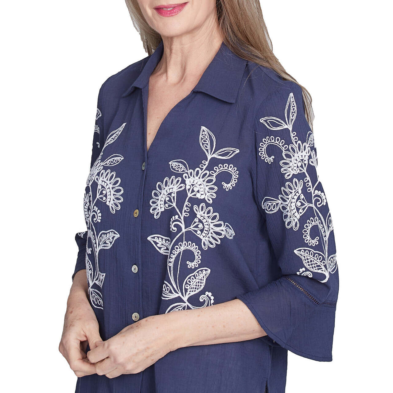 Women's Embroidered Marine Button Front Top - 89441 - Image 5